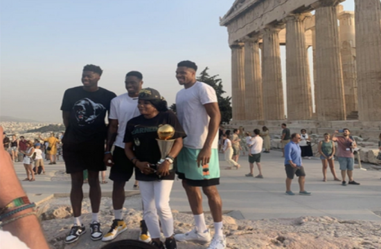 Antetokounmpo brothers at the Acropolis with NBA champion trophy & MVP award